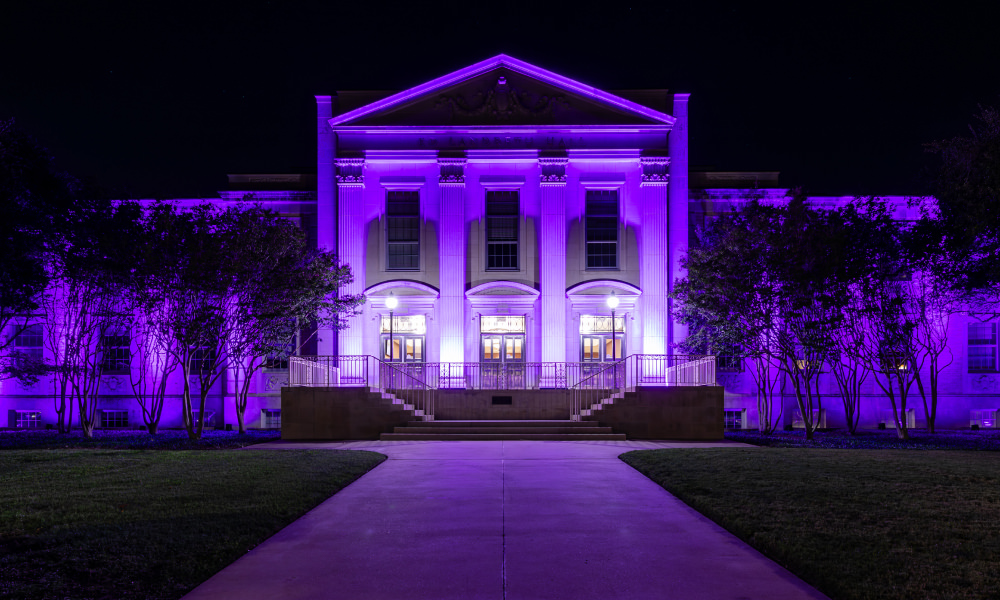 Ed Landreth Hall outside front walkway with purple lights