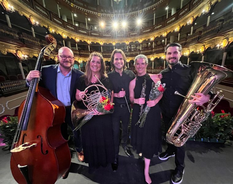 School of Music faculty on stage performing at the international music exchange in Colombia.