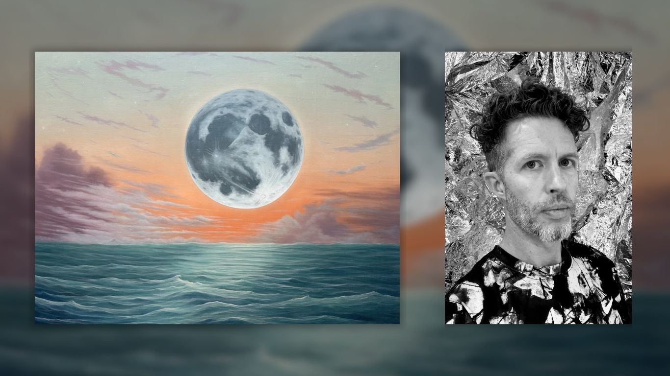 A composite image features a seascape painting by Adam Fung alongside a black-and-white portrait of the artist. The painting depicts a large, luminous moon suspended above rolling ocean waves beneath a softly colored sunset sky.
