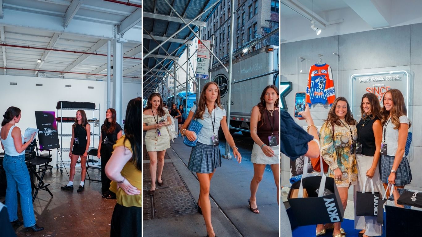 A three-photo collage shows Camryn Kirkland participating in CLASS: The NYC Experience, including visiting a fashion workspace, walking through New York City with other students and attending a sports fashion event.