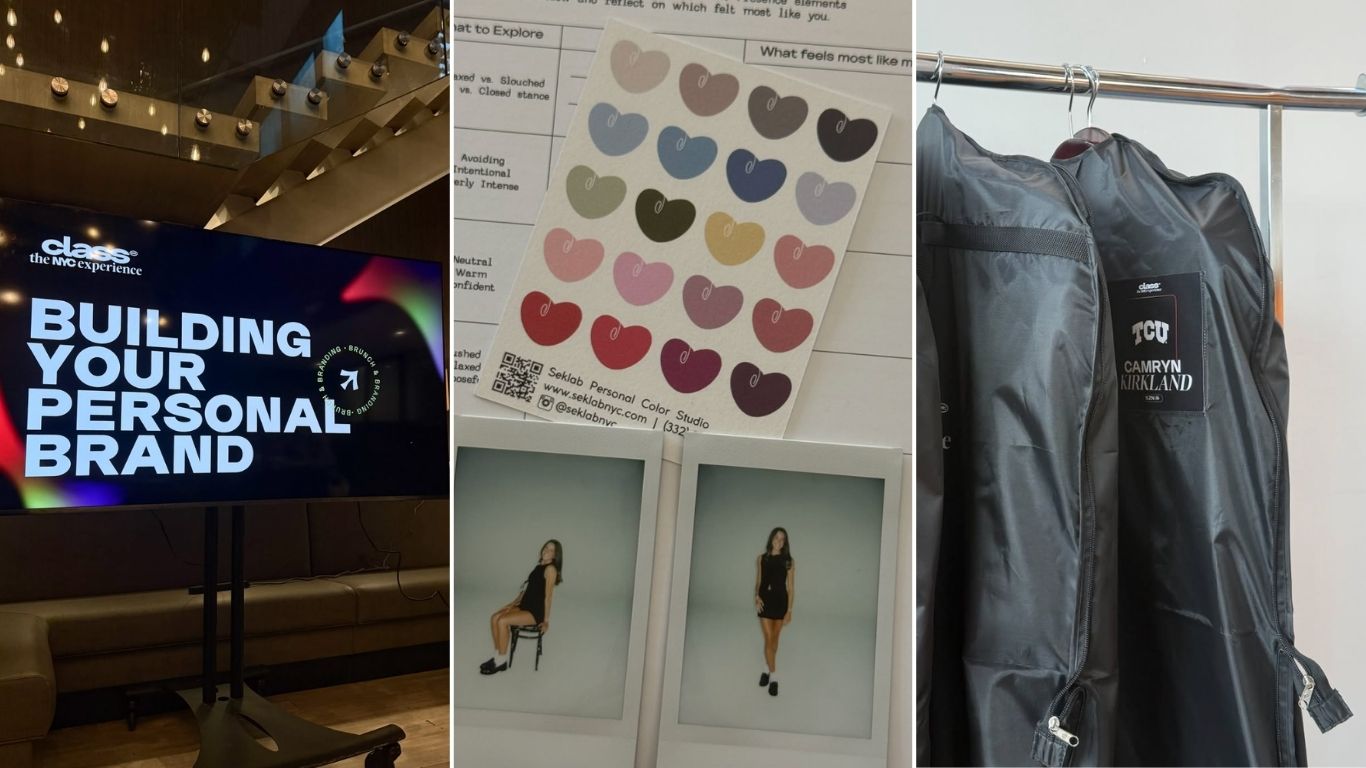 A three-photo collage features a “Building Your Personal Brand” presentation, personal color analysis materials and a garment bag labeled with TCU student Camryn Kirkland’s name.