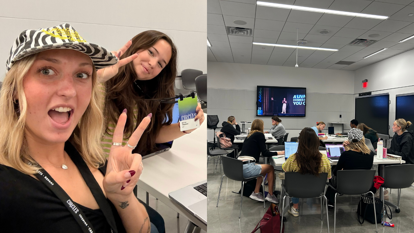 A two-photo collage shows TCU graphic design students attending the Circles Conference and watching a livestream presentation in the Fine Arts Building.