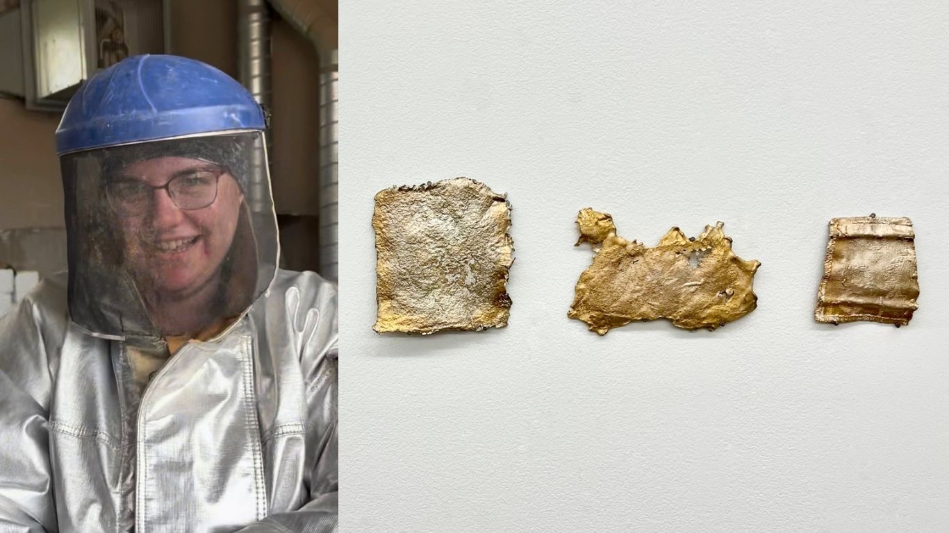 A split image features TCU MFA student Elizabeth Hutchinson wearing a protective face shield and metallic work jacket alongside three textured, irregular gold-toned sculptural works.