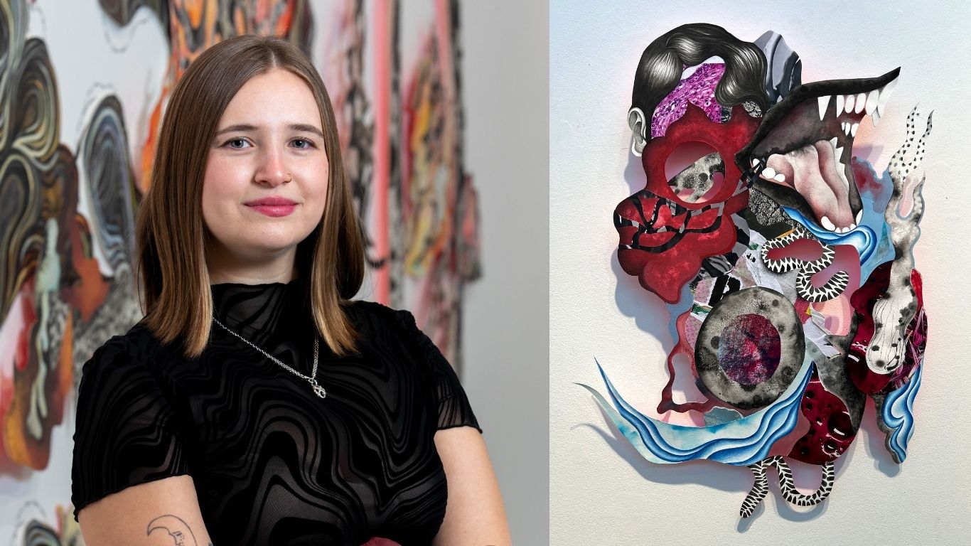 A split image shows TCU MFA student Gretchen Stark standing in front of her artwork and a mixed-media piece composed of layered red, black, pink, blue and patterned organic forms.