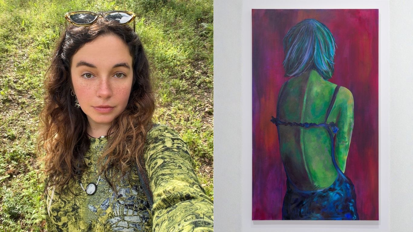 A split image features TCU MFA student Kylie Nash outdoors and a colorful figurative painting depicting a person from behind against a deep magenta background.