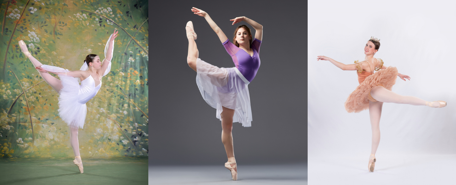 A composite of three dance portraits features sisters Victoria, Sasha and Katya Volodina. Victoria, left, poses in a white tutu; Sasha, center, performs in a purple leotard and flowing skirt; and Katya, right, poses en pointe in a peach-colored tutu.