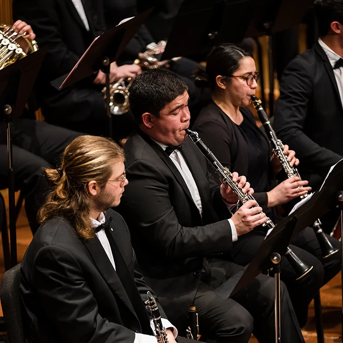Musicians, including several clarinetists, play as part of a wind ensemble