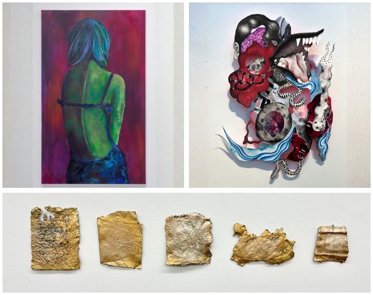 A collage highlights work by the three TCU MFA finalists: a vivid painting of a figure viewed from behind, a layered abstract mixed-media work and a row of textured gold-toned sculptural pieces.