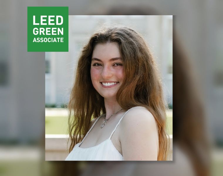 A portrait of Lily Plaster smiling outdoors is paired with a green LEED Green Associate graphic recognizing her professional credential.