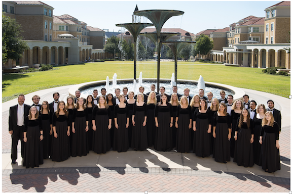 Concert Chorale posing in front of Frog Fountain