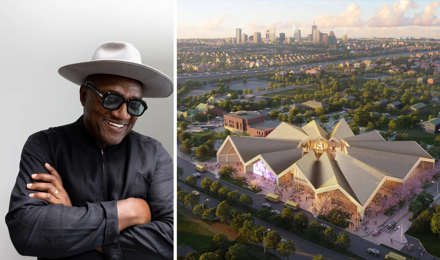 Christopher Blay portrait, left, beside a rendering of the National Juneteenth Museum