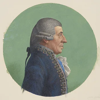 A portrait of Franz Joseph Haydn, in profile, with a green circular background