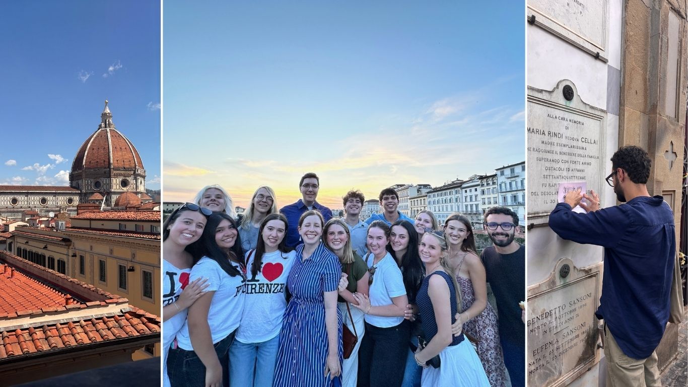 Students pose together in Florence, Italy, alongside views of the Duomo and other city landmarks.