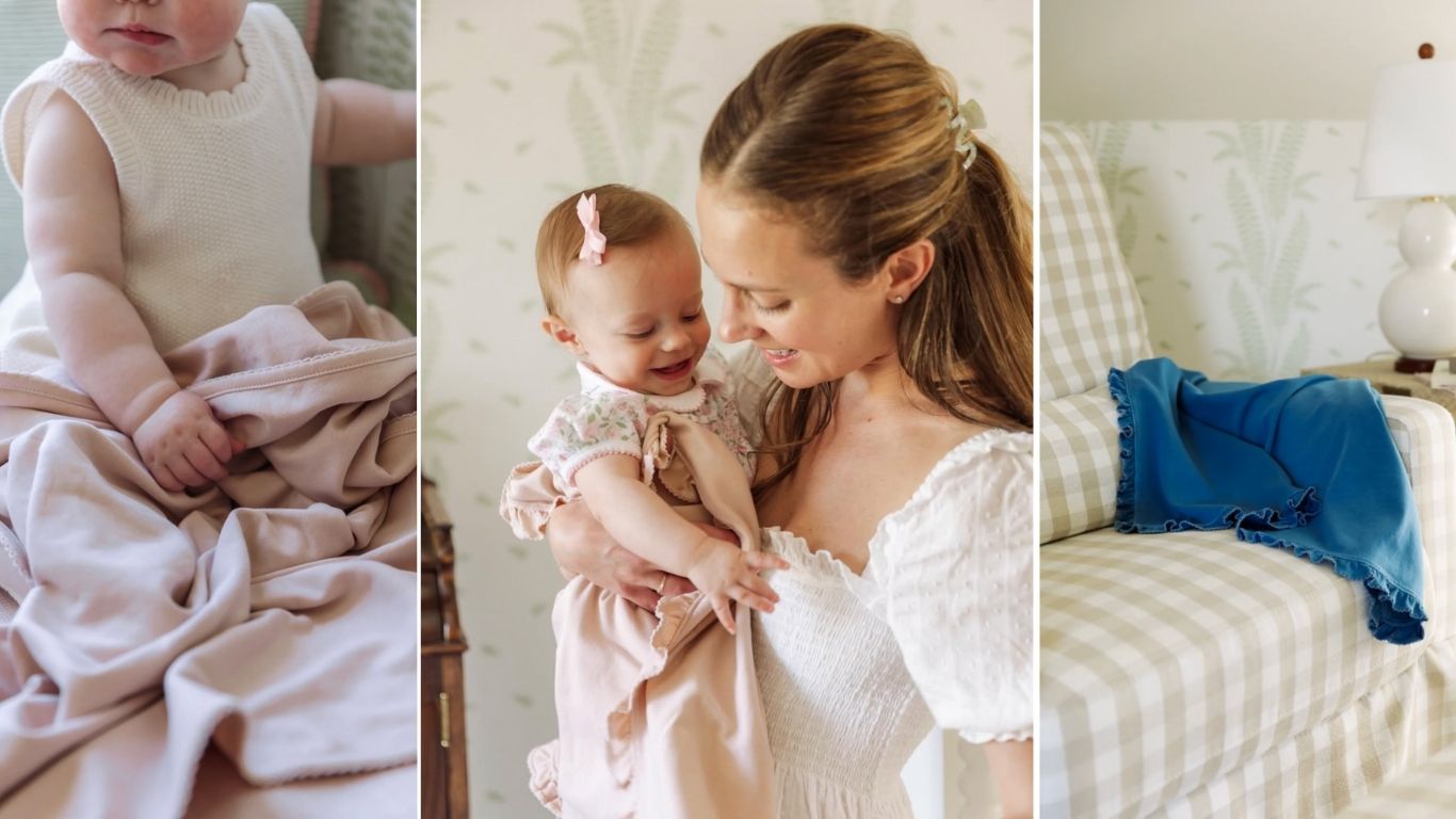 A collage featuring Emily Hiemenz with her daughter, Rose, alongside plant-dyed baby blankets from Emily Rose Botanicals.