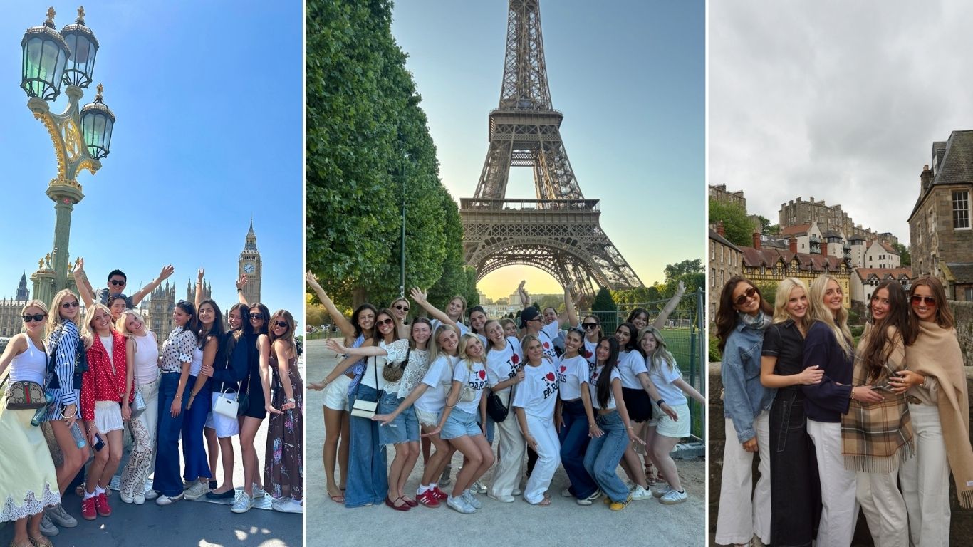Fashion students pose at iconic locations in London and Paris, including Big Ben and the Eiffel Tower.