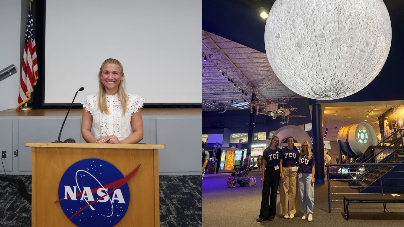 A composite image shows a TCU student standing behind a podium bearing the NASA logo and three TCU students posing together beneath a large model of the moon at a space exploration exhibit.