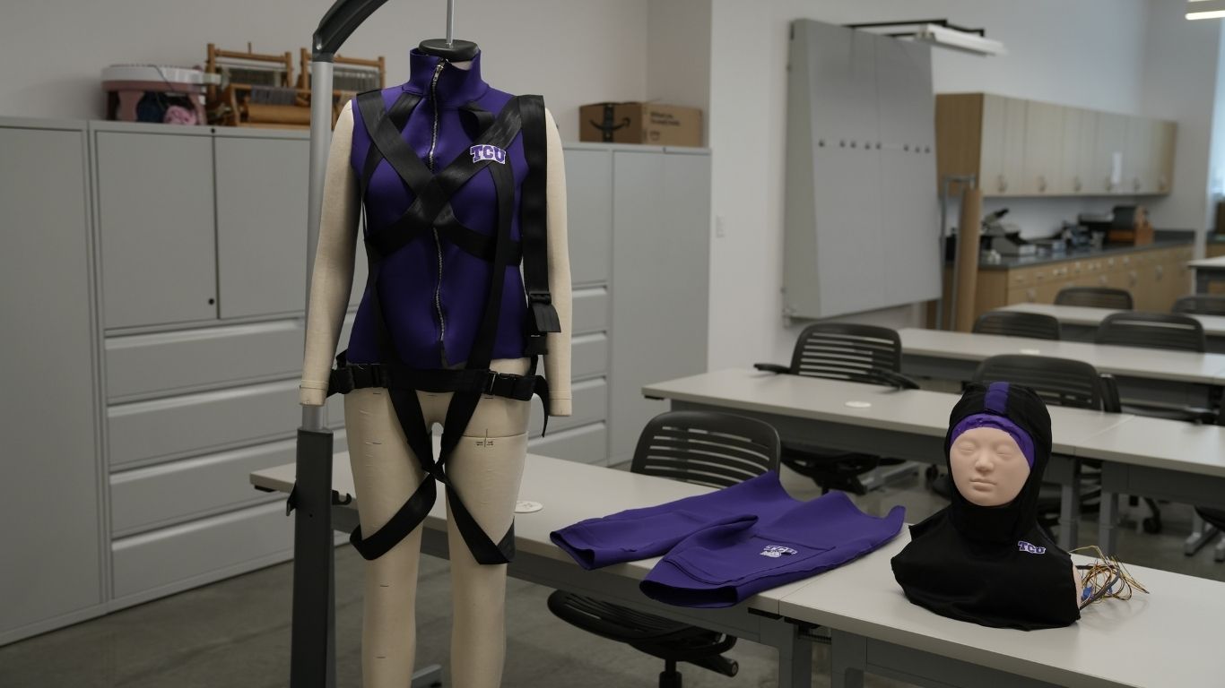 A dress form wears a purple TCU vest fitted with black straps and harness components in a Fashion Merchandising lab. Additional purple garment pieces and a sensor-equipped head covering with visible electronic wiring are displayed on a nearby table.