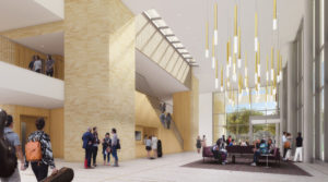 Rendering of the lobby area within the new School of Music building