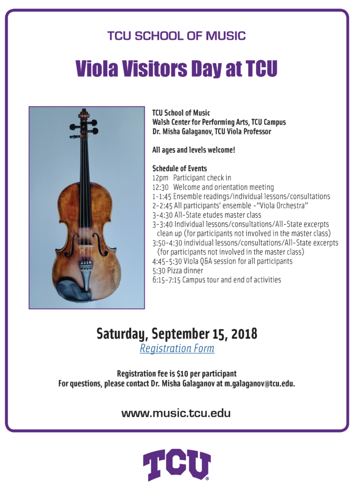 TCU Viola Visitors Day Flyer - September 15 - 12pm - 7pm. Contact the School of Music at 817-257-7602 for more information.