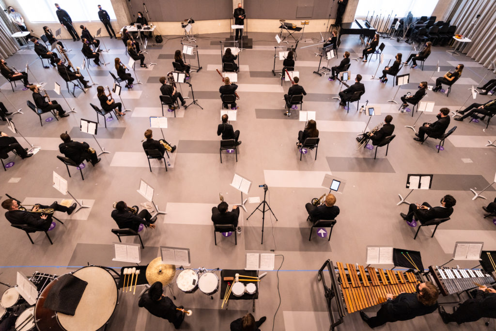 An overhead shot of band students in the TCU Music Center