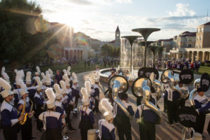 The "Pride of TCU", the Horned Frogs Marching Band in front of Frog Fountain.