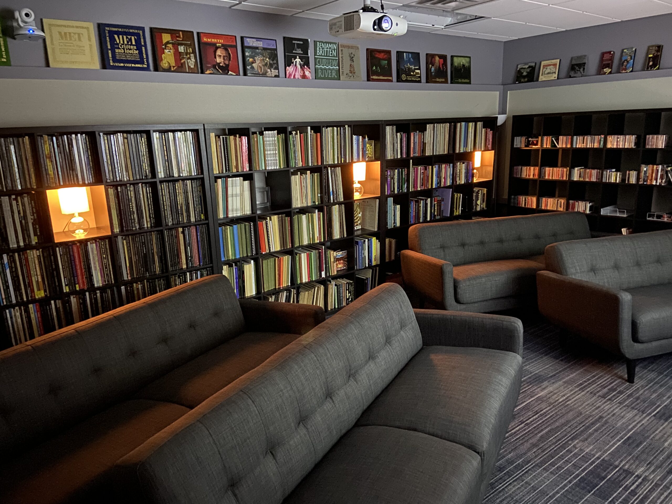 The Opera Media Center houses a collection of over 1,000 CDs, LPs, and DVDs generously donated by the Cusack family. 