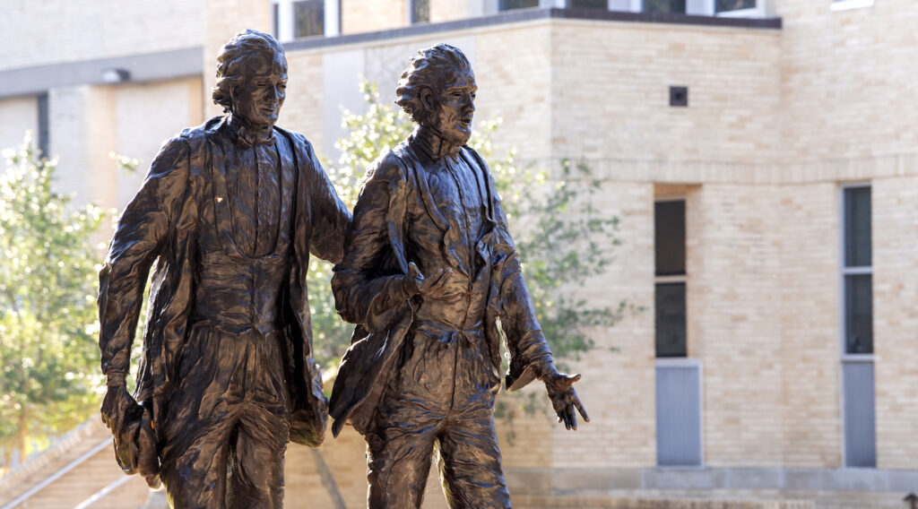 Statue of Addison and Randolph Clark, the founders of Texas Christian University.