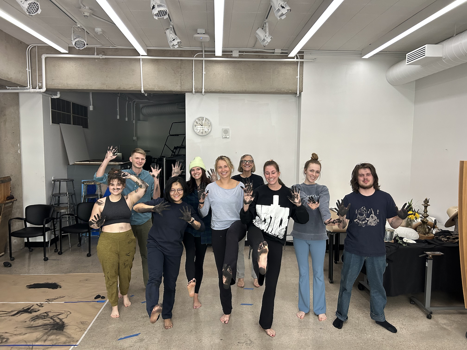 Undergraduate and graduate drawing students explored the significance of the body and gestural elements, culminating in a group performance using charcoal. 