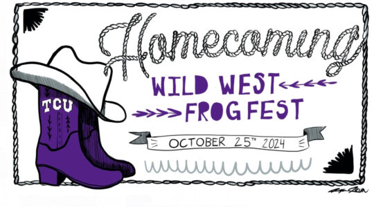 White and purple banner for TCU's 2024 Homecoming and FrogFest designed by Caya Crum.