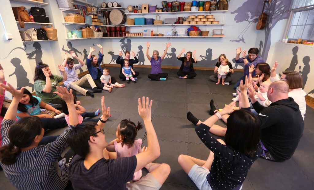 n the basement of Ed Landreth Hall, parents/caregivers and children participate in the Music Together "mixed ages" class, open to children 0-4 years old. The class is part of the Music Generations program.